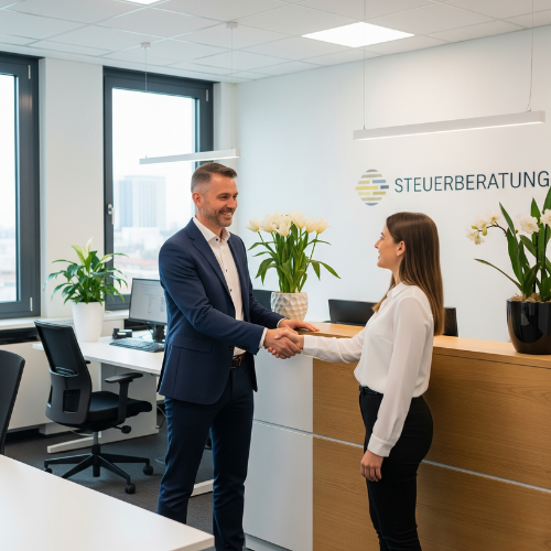 Steuerberater begrüßt neue Mitarbeiterin im Büro – Mitarbeitergewinnung Steuerberater